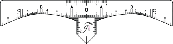 A graphic of an eyebrow mapping ruler with precise measurements for brow shaping, featuring the elegant Just Browzin' favicon and a stylized eyebrow graphic, indicating expert brow and lash services.